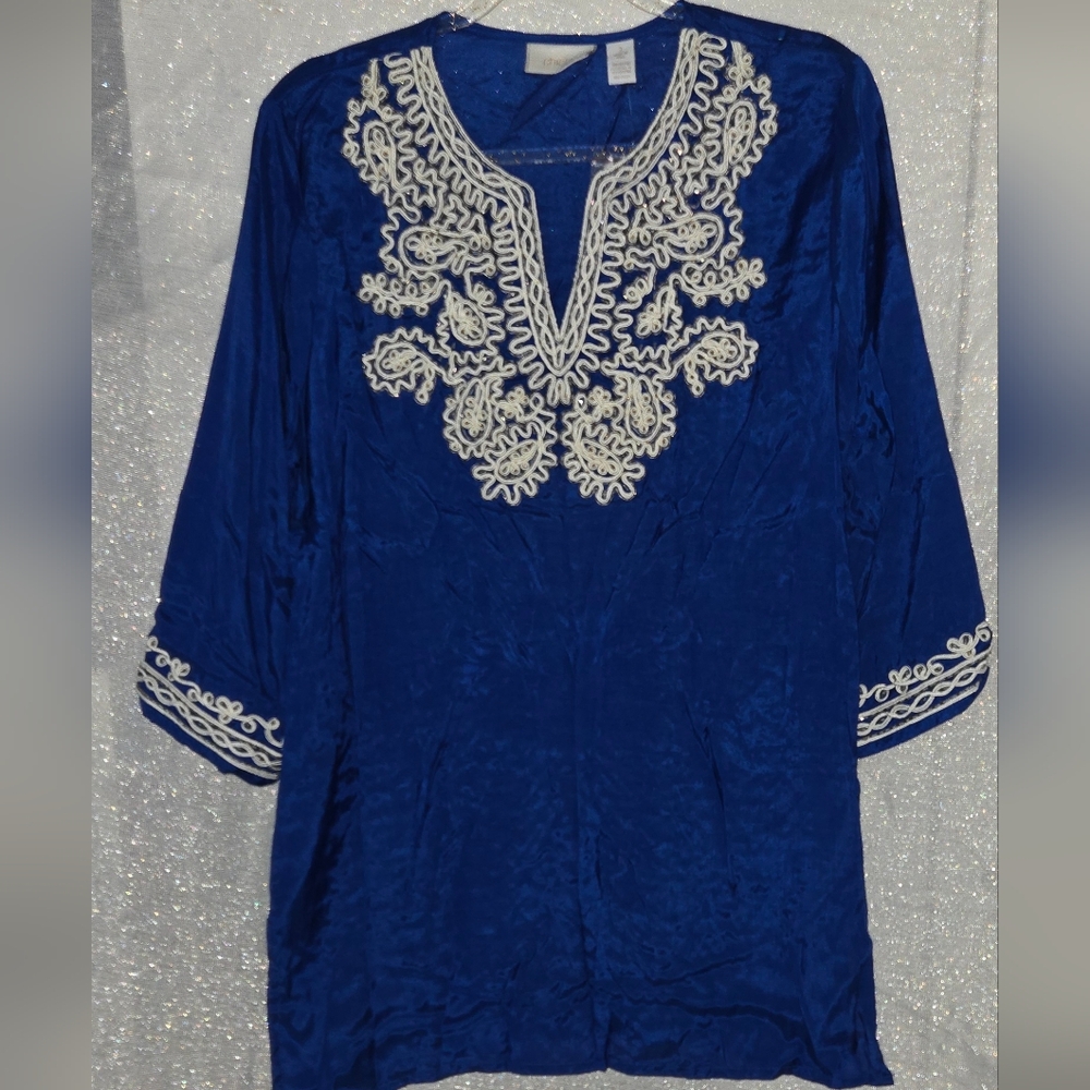 Chico's Touch Of Shine Tallon Top Majestic Blue Embellished 3/4 Sleeve Tunic